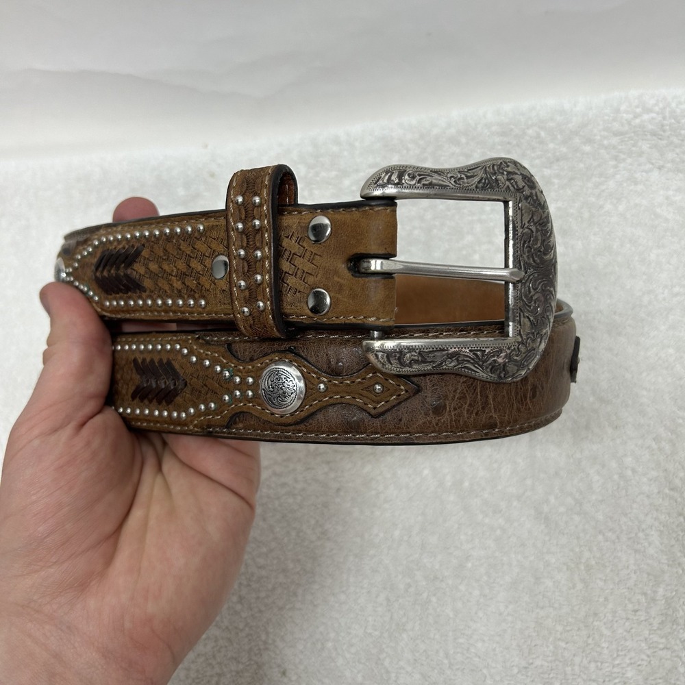 Nocona Mens Size 32 Brown Ostrich Print Embroidered Leather Belt